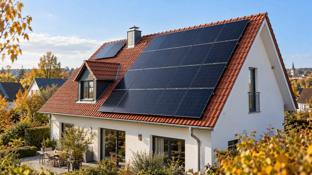 Photovoltaikmodule auf einem roten Ziegeldach – KI-generierte Illustration