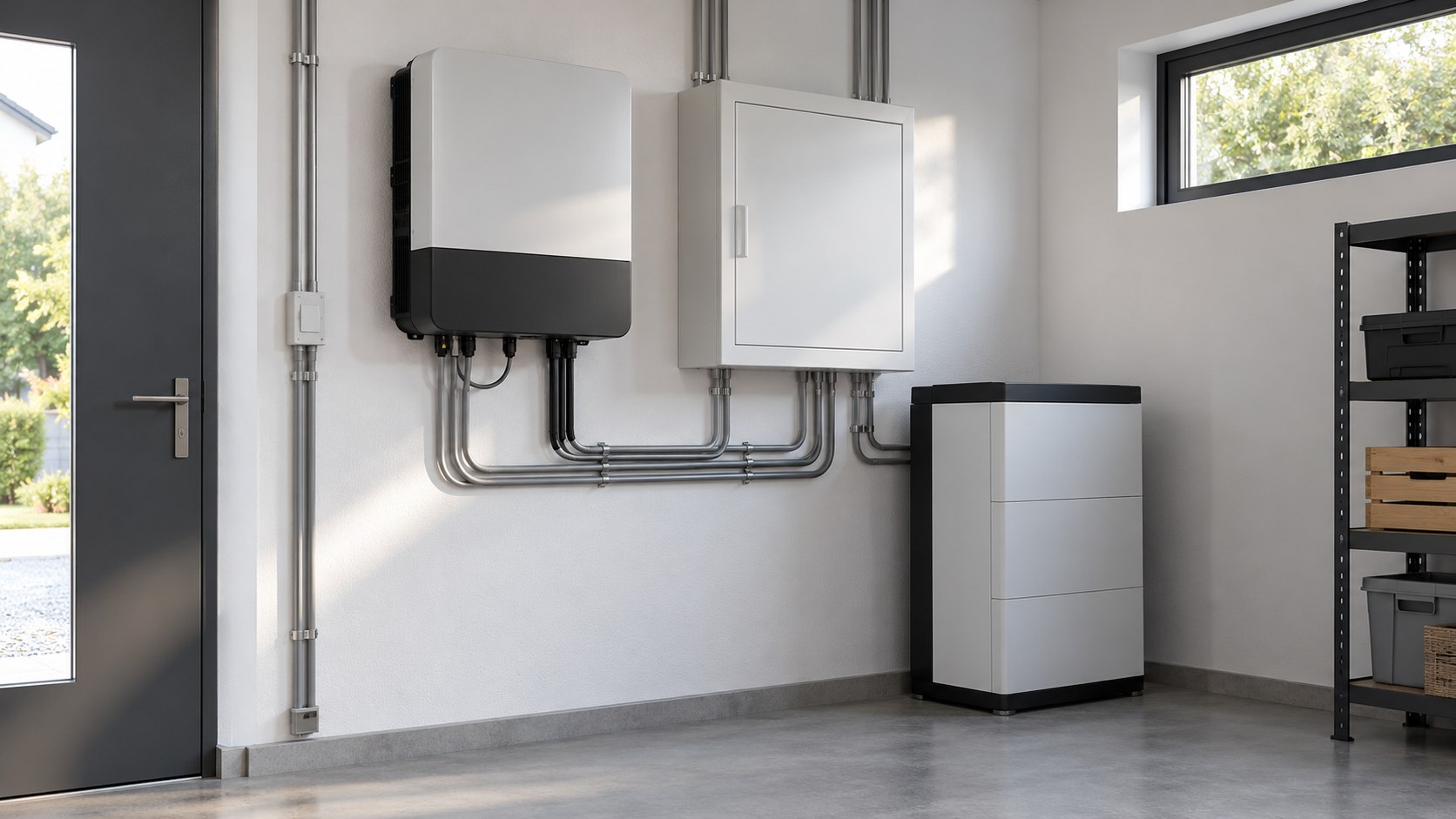 Illustration eines Technikraums mit Wechselrichter und Batteriespeicher