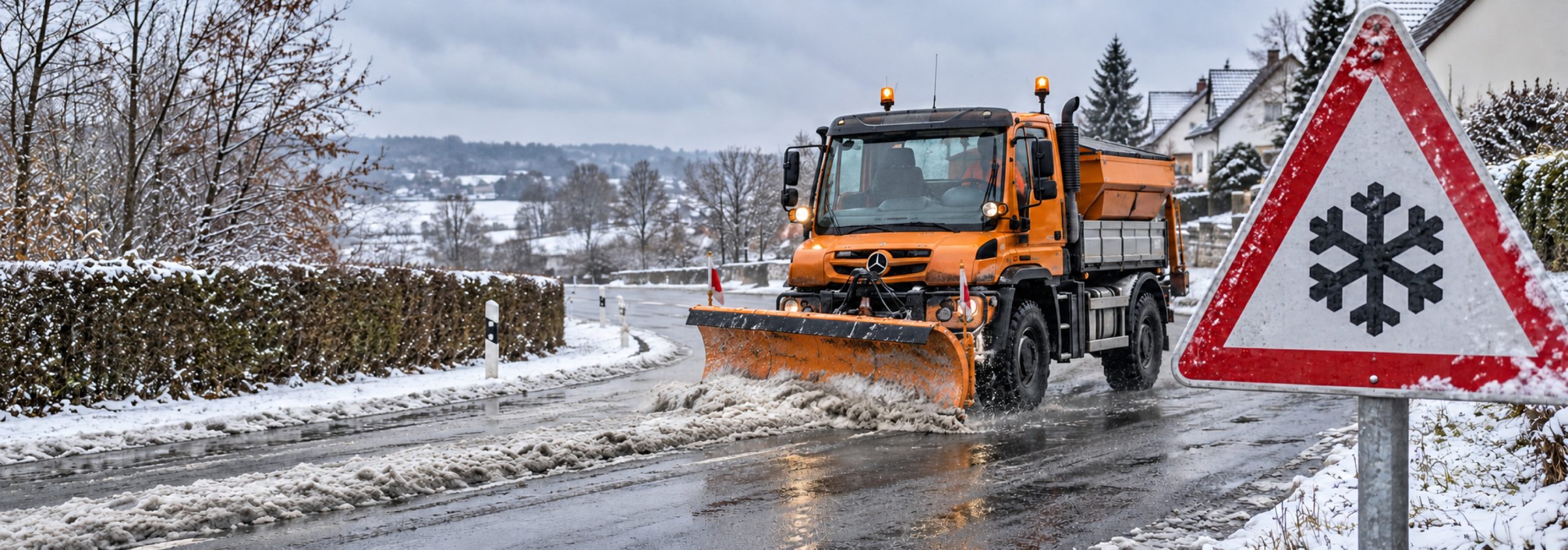 Schneeflocken-Warnschild und Unimog beim Schneeräumen – KI-generierte Illustration